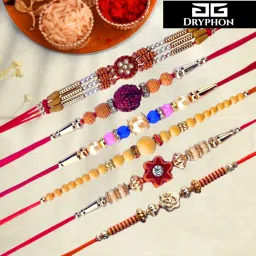 DRYPHON Combo 6 Pack Rakhi for Brother, Bhaiya, Bhai, Bhabhi | Premium Mauli Thread Rakhi Set with Roli Chawal Tilak Set | Rakhi Bracelet for Brother and Bhabhi with Tealight Candle for Aarti (RK601) image 1