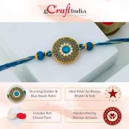 eCraftIndia Golden Blue Beads Diamond Designer Rakhi for Brother | Raksha Bandhan Rakhi for Bhaiya Bhabhi Bhai Kids | Best Bro Ever Fridge Magnet | Roli Chawal Pack image 3