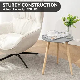 Dime Arts Shoppee Round Side Table, Nightstand Coffee End Table for Living Room, Bedroom, Small Spaces, Easy Assembly Modern Home Decor Bedside Table with Natural Wood Legs (Grey) image 5