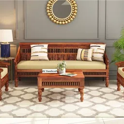 RAMA HANDICRAFT Solid Sheesham Wood Sofa Set for Living Room | Sofas | Wooden Sofa Set (Honey Teak & Cream, 3+1+1 Seater) image 2