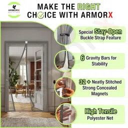ARMORX High Tensile Polyester Magnetic Door Mosquito Net, Self Closing Magnets with Buckle Strap, Protection from Insects, Pets & KidsFriendly | Classic Grey -210cm x 100cm image 5