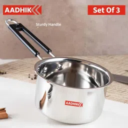 AADHIK Stainless Steel Sauce Pan Set of 3 Sauce Pan Milk Pan Tapeli Patila Induction Base 2 Litre,1.5 Litre, 1 Litre Milk Boiler Cookware with Handle image 2
