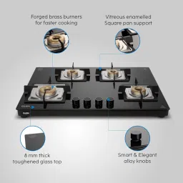Glen 4 Burner Ultra Slim Free Standing Auto Ignition Hob | 8 MM Toughened Glass Top | Revolving Inlet Nozzle | Black | Forged Brass Burners | Warranty 2 Years Standard (BH1074USBL75) image 5