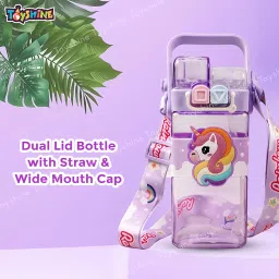 Toyshine 520ML Unicorn Theme BPA Free Water Bottle with Dual Cap | Double Drinking Straw Cup | Leak-Proof | Strap & Carry Handle | Portable Handheld Kids Tumbler Perfect for Travel Picnic Sport School image 2