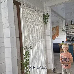 R.R.LALA Cotton Macrame Rod Pocket Semi Sheer Curtain Bohemian Home Geometric Art Decor Beautiful Room Decoration-Macrame Wedding Backdrop Size W 40" X L 80" Color Off White image 3