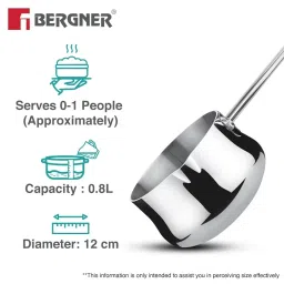 Bergner BE Essentials Tri-Ply 12cm (800ml) Stainless Steel Coffee Warmer/Milk Warmer, Even & Faster Heating, Food Safe, Durable, Easy to Pour, Serve and Clean - Induction Bottom and Gas Stove Ready image 4