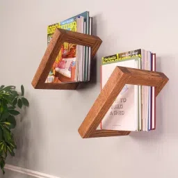 Elcom Handicrafts Wooden Wall Mounted Book & Magazine Rack – Space-Saving Geometric Shelf for Living Room, Office & Study – Stylish Floating Organizer for Books & Decor (Set of 2) image 1