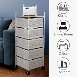 SMARTTEX™ Kitchen Storage Rack | 5-Tier Revolving Vegetable Rack | Square Multipurpose Storage Trolley with Wheels | Metal Fruit Rack (Silver, 5 Layer) image 2