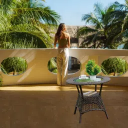 LIDDSTE Outdoor Patio Coffee Table Round Glass Table Top All-Weather Rattan Wicker Table for Garden, Patio, Balcony, Lawn, and Terrace Seating (Brown) image 5