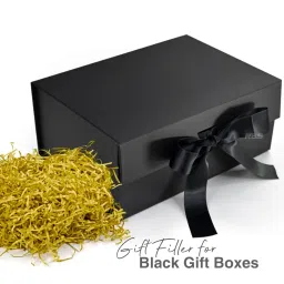 Black Gift Box with Golden Filler 23x16x10cm Empty Hamper Box for Gifting Holds Upto 5kg Sturdy Cardboard Gift Boxes with 20g Decorative Shredded Paper Birthday, Diwali, Valentine’s Day Packing image 4