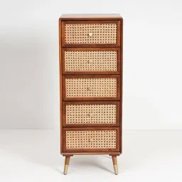 CASAVISHAL Wooden Chest of Drawers | Multipurpose Console Dresser with 5-Compartment Storage Cabinet with Rattan Cane Design for Bedroom, Living Room & Office | Solid Sheesham Wood, Honey Finish image 4