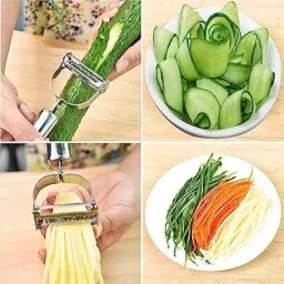 Stainless Steel 2 in 1 Julienne Vegetable Peeler Multi-Functional Fruit Vegetable Shredder Slicer Double Planing Cutter Potato Cucumber Carrot Melon Grater (Silver) image 3