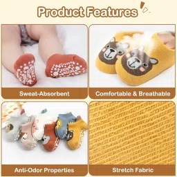 tecokart TecoKart® 6 Pairs Baby Anti-Slip Socks Set for Boys & Girls, Cute Cotton Cartoon Animal Thermal Socks for Kids 12-36 Months, Sweat-Absorbent, Non-Skid, Comfortable Baby Socks for Foot Length 12cm image 3