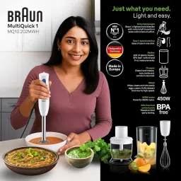 Braun MultiQuick 1 Hand Blender 450W with Beaker, Chopper, Whisk, EasyTwist Technology, Lightweight, Stainless Steel for Chopping, Baby Food, Chutney, Purees, Lassi, Smoothie,Soup, Shake MQ10.202M image 1