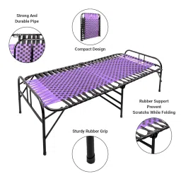 Casa Copenhagen, Portable Single Folding Bed Heavy Duty Metal Cot Khat for Sleeping Bed Space Saving Design Sturdy Synthetic Niwar feet - Purple & Black image 3