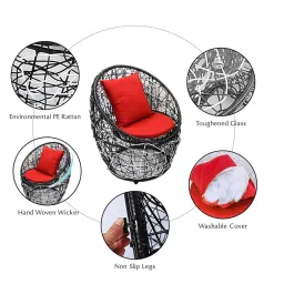 Indiid Homes 2 Seater Boho Patio Set | 2 Round Plastic Rattan Lounge Chairs + 1 Glass Top Iron Table | Indoor Outdoor Use | Home Decor, Porch, Balcony, Garden, Lawn | Black & White Finish image 3