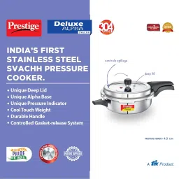 Prestige 4L Svachh Deluxe Alpha Senior Pressure Pan stainless steel|Outer lid|Ideal for 4-6 persons|Deep lid for spillage control|Gas & induction compatible|Silver|10 years warranty image 2