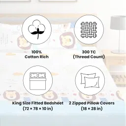Famyo King Size Bed Sheet Cotton Set for Kids – 3pc Bedding Combo with Fitted Bedsheet & 2 Pillow Covers with Zip | Bedsheet for Girls | Gift for Kids (Sky Blue Lion) image 1