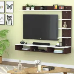 SR Decore Wall-Mounted TV Entertainment Unit, 32 inch Dark Brown and White, with Storage Shelves and Display Rack image 1