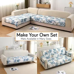 HOKIPO Printed Quilted Sofa Cover Mats for L Shape and 1/2/3 Seater Sofa. Make Your Own Sofa Cover Set, Mat Length 90(D) x 180(L) cm, Celadon Blue Camellia (IN-810-D8) image 1