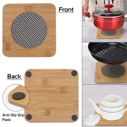 HOKIPO® Eco-Friendly Bamboo Wooden Coasters for Home Pan Pot Holder for Dining Table Heat Pad for Kitchen - Pack of 2 (AR2922) image 1