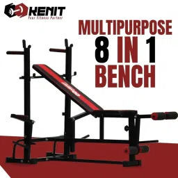 KENIT 10KG -100KG Steel Weight Plates Combo with 8 in 1 Home Gym Bench, 5Ft Plain and 3Ft Curl Barbell Rods (23mm), Pair of Steel Dumbbell Rod & Accessories (40KG) image 1