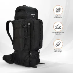 amazon basics Internal Frame Hardback Hiking Bag with Rain Cover | Trekking | Travel Bag for Men & Women | Waterproof | Camping Rucksack | 75 Litres (Black) image 3