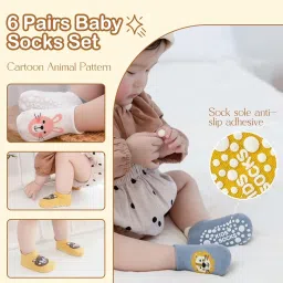 tecokart TecoKart® 6 Pairs Baby Anti-Slip Socks Set for Boys & Girls, Cute Cotton Cartoon Animal Thermal Socks for Kids 12-36 Months, Sweat-Absorbent, Non-Skid, Comfortable Baby Socks for Foot Length 12cm image 4