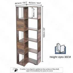 ABOUT SPACE 5ft Book Shelf - L Shape Corner Shelf for Living Room with Curved Edges & Steel Bar | Book Rack for Study Room, Bedroom Home Library Wooden Corner Rack (Walnut -L 46.5 x B 46.5 x H 160cm) image 1