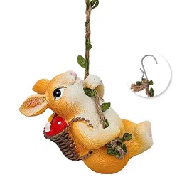 HASTHIP® Cute Resin Climbing Bunny Decor with Rope and Basket of Mushrooms for Planter or Garden Hanging, Adorable Rabbit Figurine for Indoor Outdoor Home Decoration image 4