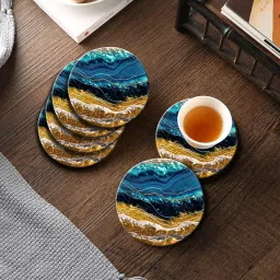 TIED RIBBONS Set of 6 Drink Coasters with Holder (Marble Print, 4inch) - Ceramic Coasters for Drinks Minimalist Home Décor Tea Coffee Cup Coaster Table Desk Tabletop Beer Bar Kitchen - Gifting Item image 1