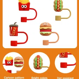 AGMITRAKA Tumbler Straw Covers, Set of 4 Fast Food Design Caps, Leak-Proof Silicone Caps for 30/40oz Cups, Multi-colour image 2