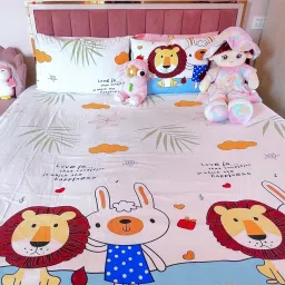 Famyo King Size Bed Sheet Cotton Set for Kids – 3pc Bedding Combo with Fitted Bedsheet & 2 Pillow Covers with Zip | Bedsheet for Girls | Gift for Kids (Sky Blue Lion) image 2