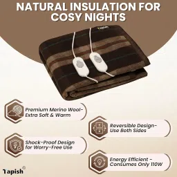 Tapish Woollen Electric Blanket - Double Bed Warmer - Shock Proof (5 Years Warranty on Remote, Merino Wool, Multicolour, 61x60 inches, Reversible) image 1