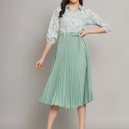 zwerlon Women A-line Light Green, White Midi/Calf Length Dress-picture-16