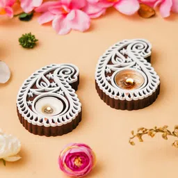 Set of 2 Buta or Paisley Shaped Wooden Block Print Decorative Tea Light Holders Wooden 2 - Cup Tealight Holder-image-14