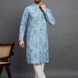 House of Pataudi Floal Printed Mandarin Collar Pure Cotton Straight Kurta-image-26