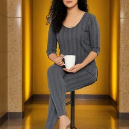 TRENDY RABBIT Women Striped Round Neck Long Sleeve Thermal Set-image-50