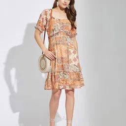 Latin Quarters Printed Scoop Neck Puff Sleeves A-Line Dress image 3