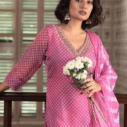 Anouk Women Bandhani Printed Regular Zardozi Kurta with Trousers & With Dupatta image 2