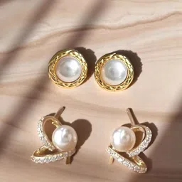 Krelin Set of 2 Gold-Plated Pearls Beaded & Crystal Studded Circular Shaped Studs-picture-20