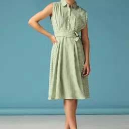 Selvia Edge Striped Shirt Collar Shirt Dress-image-57