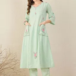 Indo Era Women Embroidered Beads and Stones Pure Cotton Kurta with Trousers-image-22