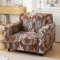 HOKIPO Brown & Grey Printed Polyester 1 Piece Sofa Cover With Arms image 1