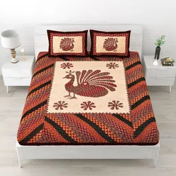 MILAAV Cream-Coloured Ethnic Motifs 144 TC King Bedsheet with 2 Pillow Covers-picture-16