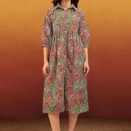 PURVAJA Women Shirt Collar Paisley Print Puff Sleeve Fit & Flare Cotton Dress-picture-16