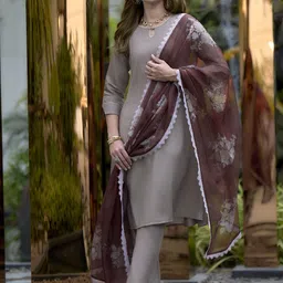 SHREE LAXMINARAYAN EXPORT Keyhole Neck A-Line Kurta With Trousers & Dupatta-image-58