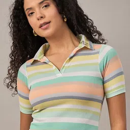 Mayra Striped Shirt Style Crop Top-image-7