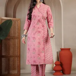 KIMAYRA Women Floral Printed Angrakha Pure Cotton Kurta with Palazzos & With Dupatta image 4