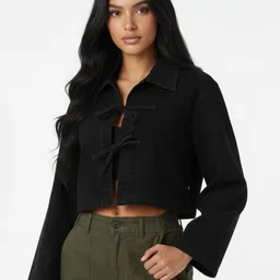 glitchez Spread Collar Crop Denim Jacket With Tie-Up Closure-picture-13